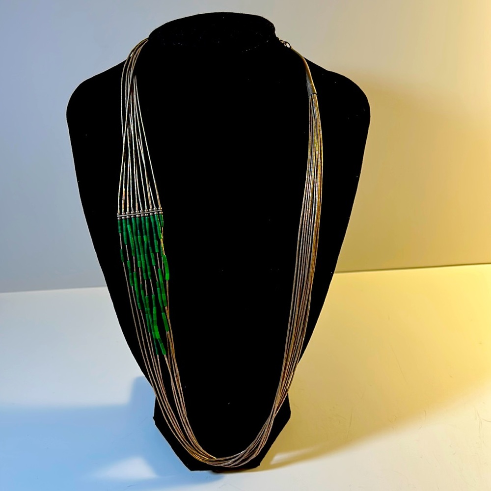 Vintage Native American Liquid Silver Green Turquoise Waterfall Necklace 26”
